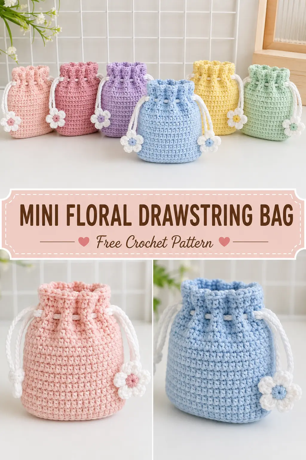 Mini Floral Drawstring Bag Crochet Pattern