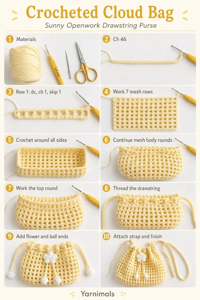 Crocheted Cloud Bag Free Pattern: Sunny Openwork Drawstring Purse