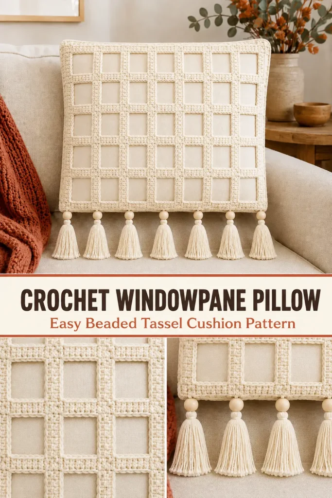 Crochet Windowpane Pillow Cover with Beaded Tassels