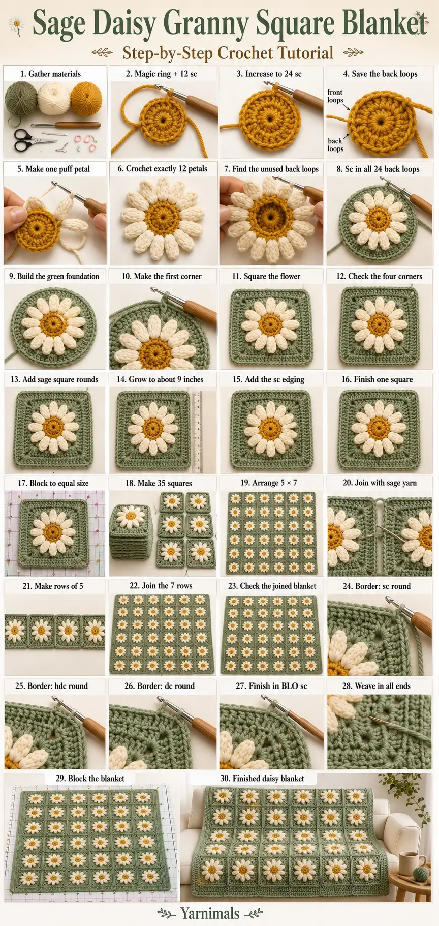 Sage Daisy Granny Square Blanket Free Crochet Pattern