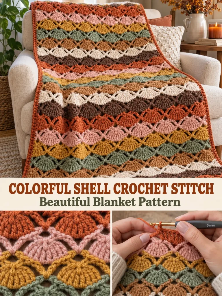 Colorful Shell & Wide-V Crochet Stitch for Blankets