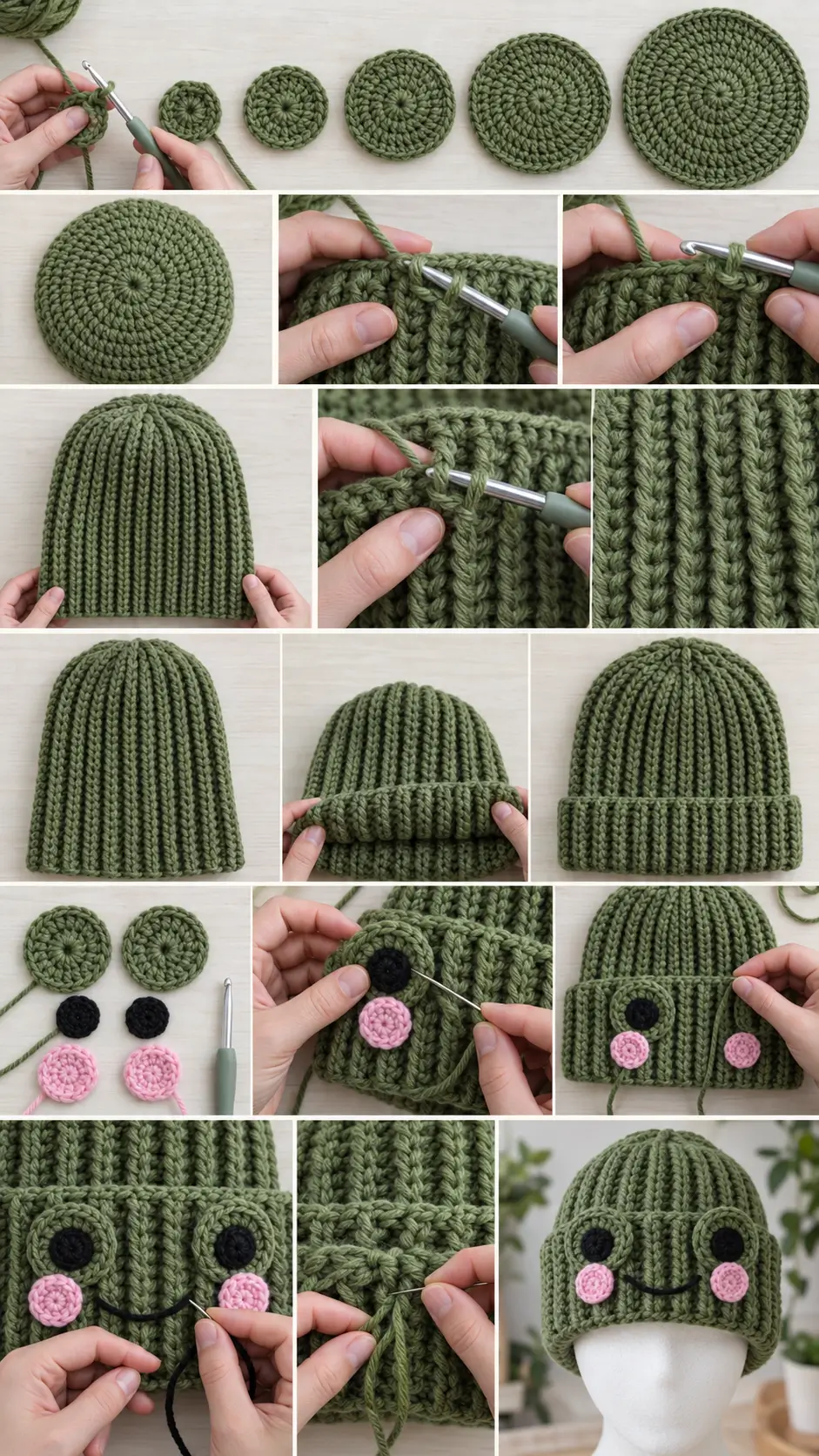 Frog Face Ribbed Crochet Beanie Pattern