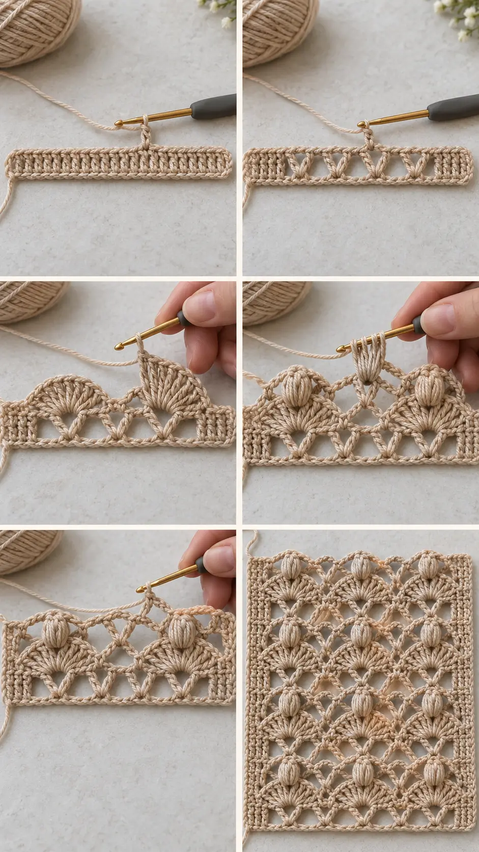 Textured Crochet Fan & Puff Lace Stitch Pattern