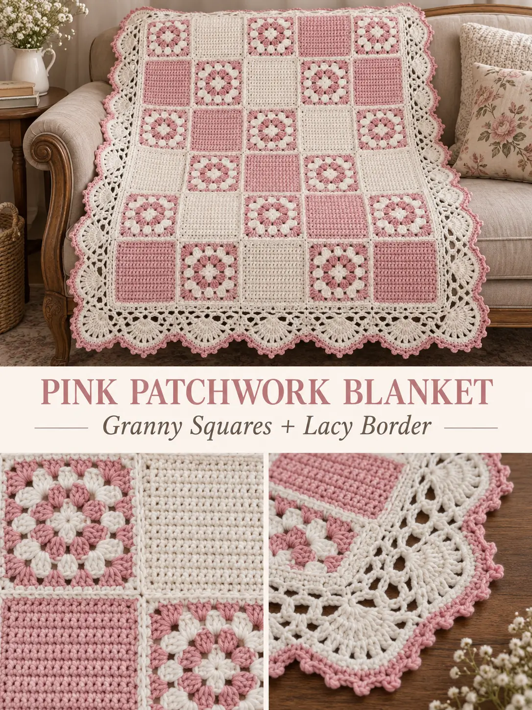 Pink & White Patchwork Crochet Blanket With Lacy Scalloped Border