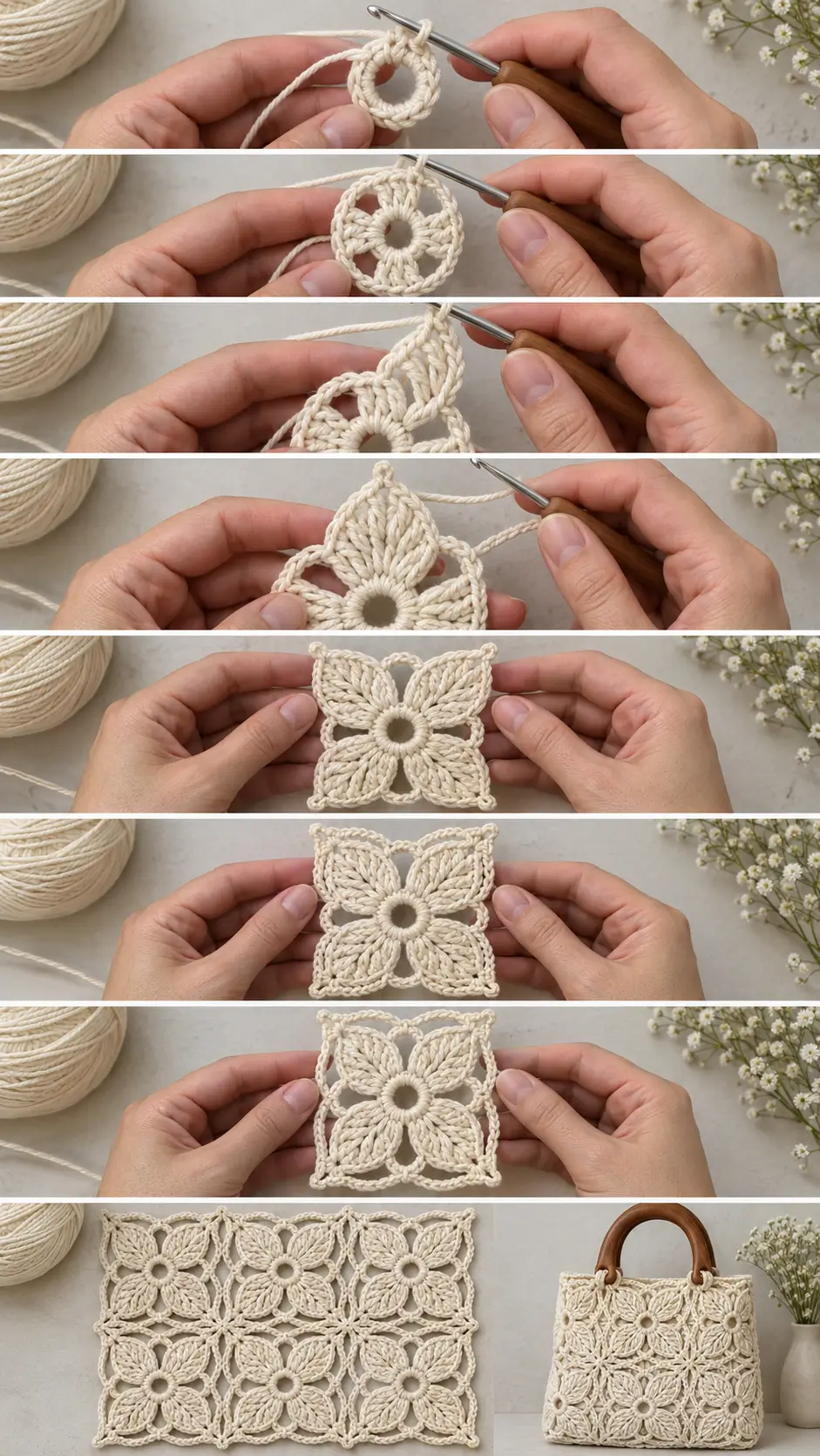 Four-Petal Crochet Flower Motif for Bags, Runners, Tablecloths and Blankets