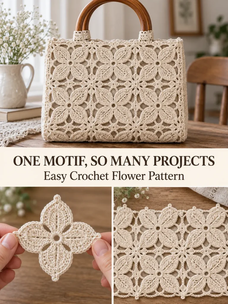 Four-Petal Crochet Flower Motif for Bags, Runners, Tablecloths and Blankets