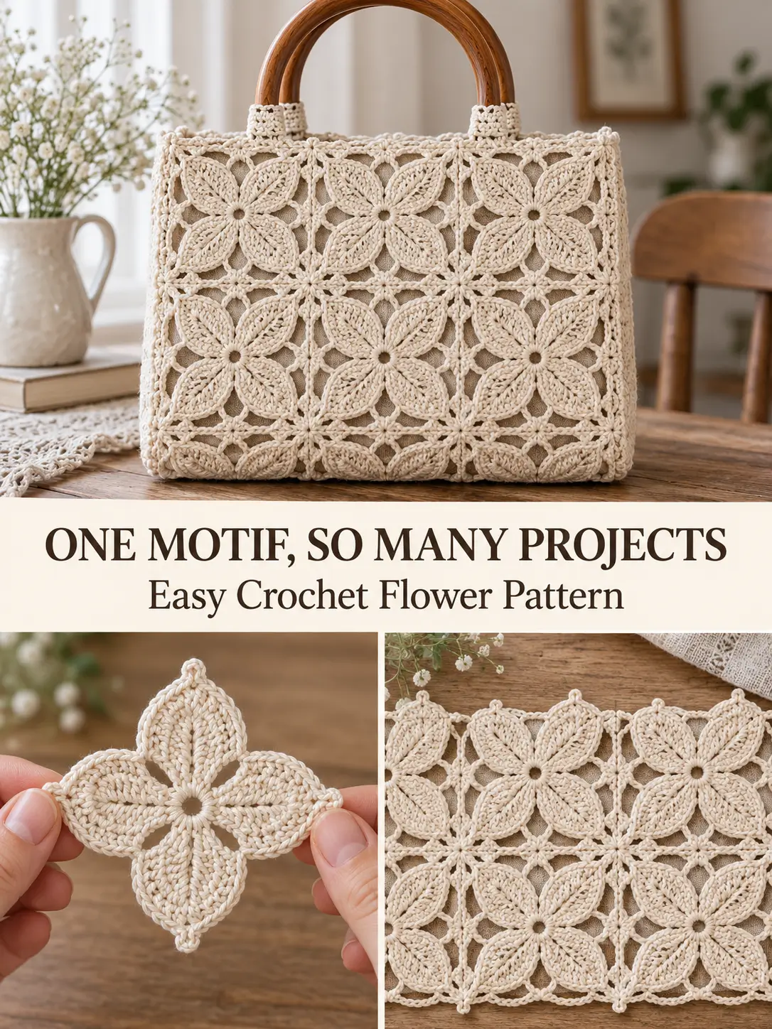 Four-Petal Crochet Flower Motif for Bags, Runners, Tablecloths and Blankets