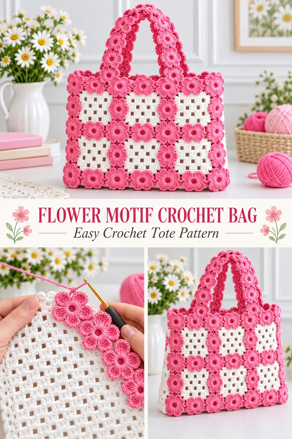 Pink Flower Trim Crochet Bag Pattern