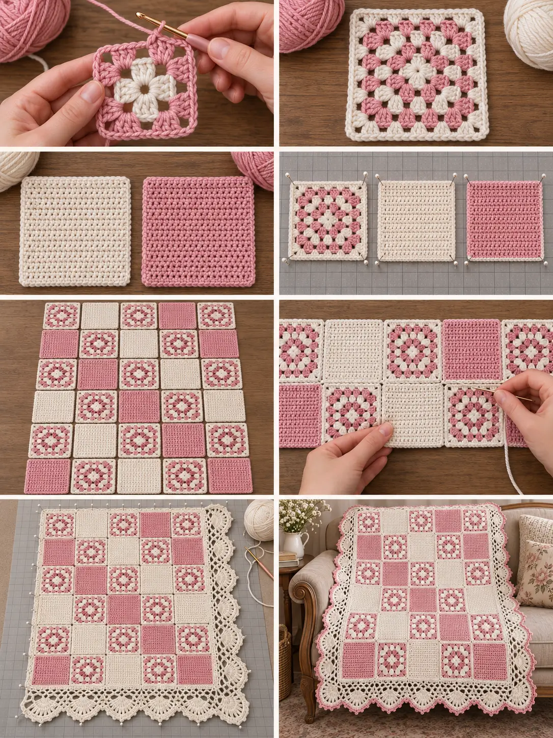 Pink & White Patchwork Crochet Blanket With Lacy Scalloped Border