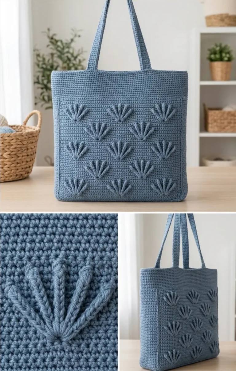 Raised Five-Spoke Fan Crochet Tote Bag