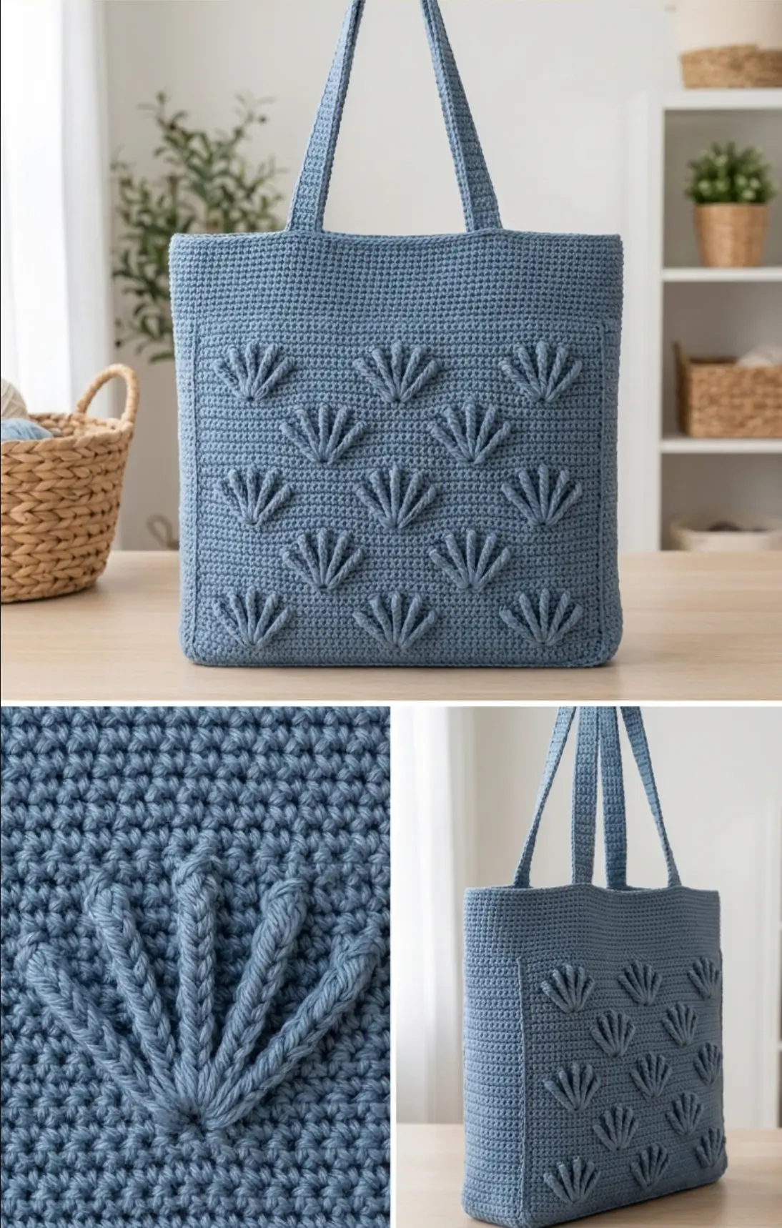 Raised Five-Spoke Fan Crochet Tote Bag