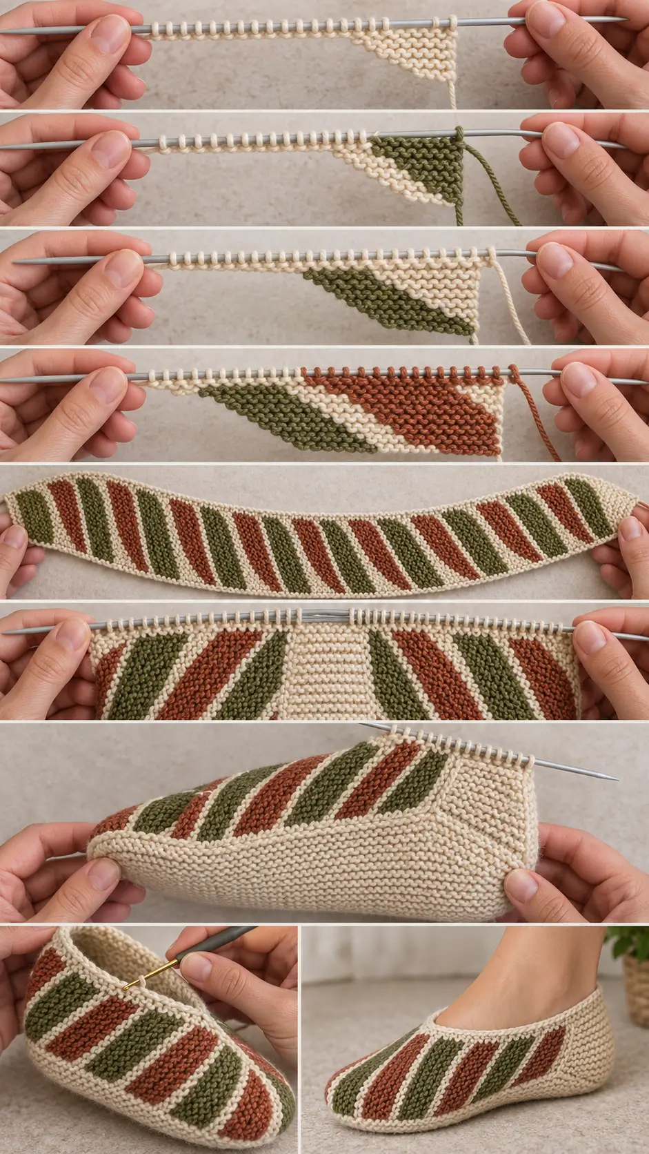 Seamless Color-Wedge Knit Slippers With Short Rows