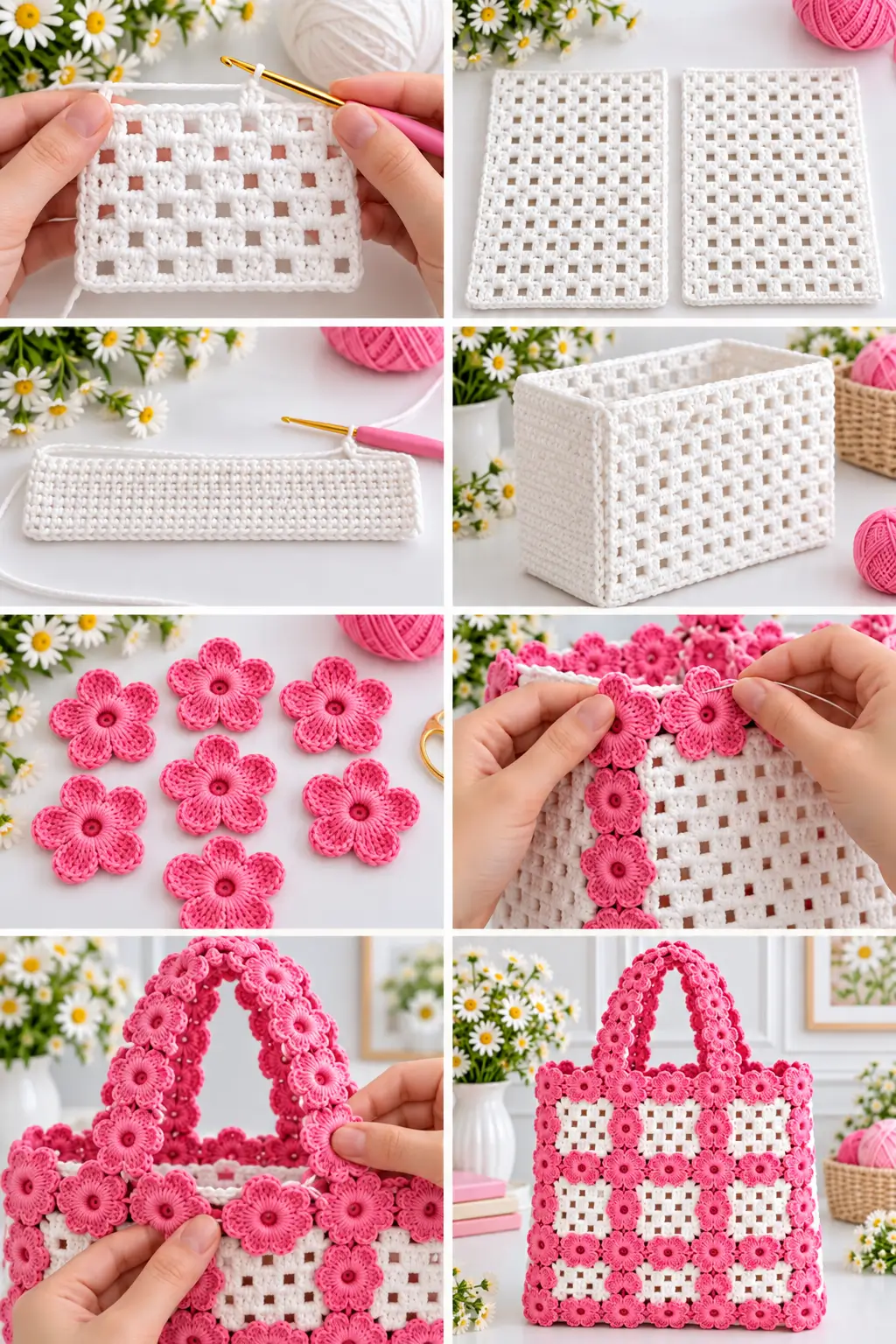 Pink Flower Trim Crochet Bag Pattern