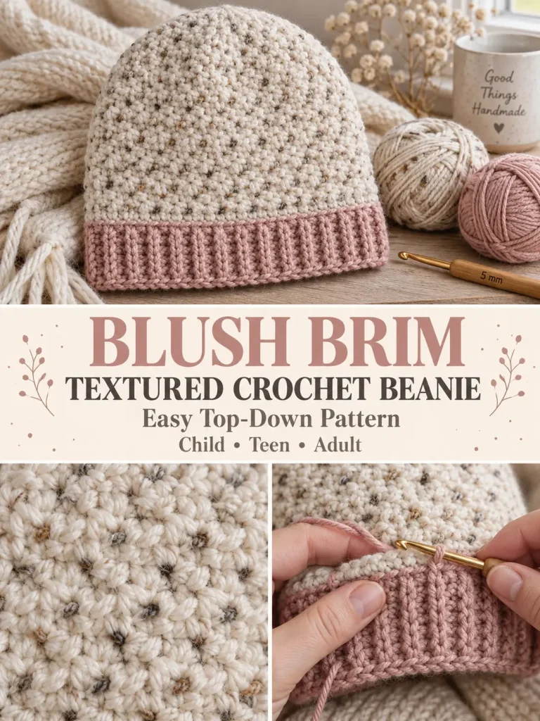 Blush Brim Textured Crochet Beanie Pattern