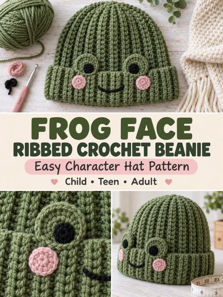 Frog Face Ribbed Crochet Beanie Pattern
