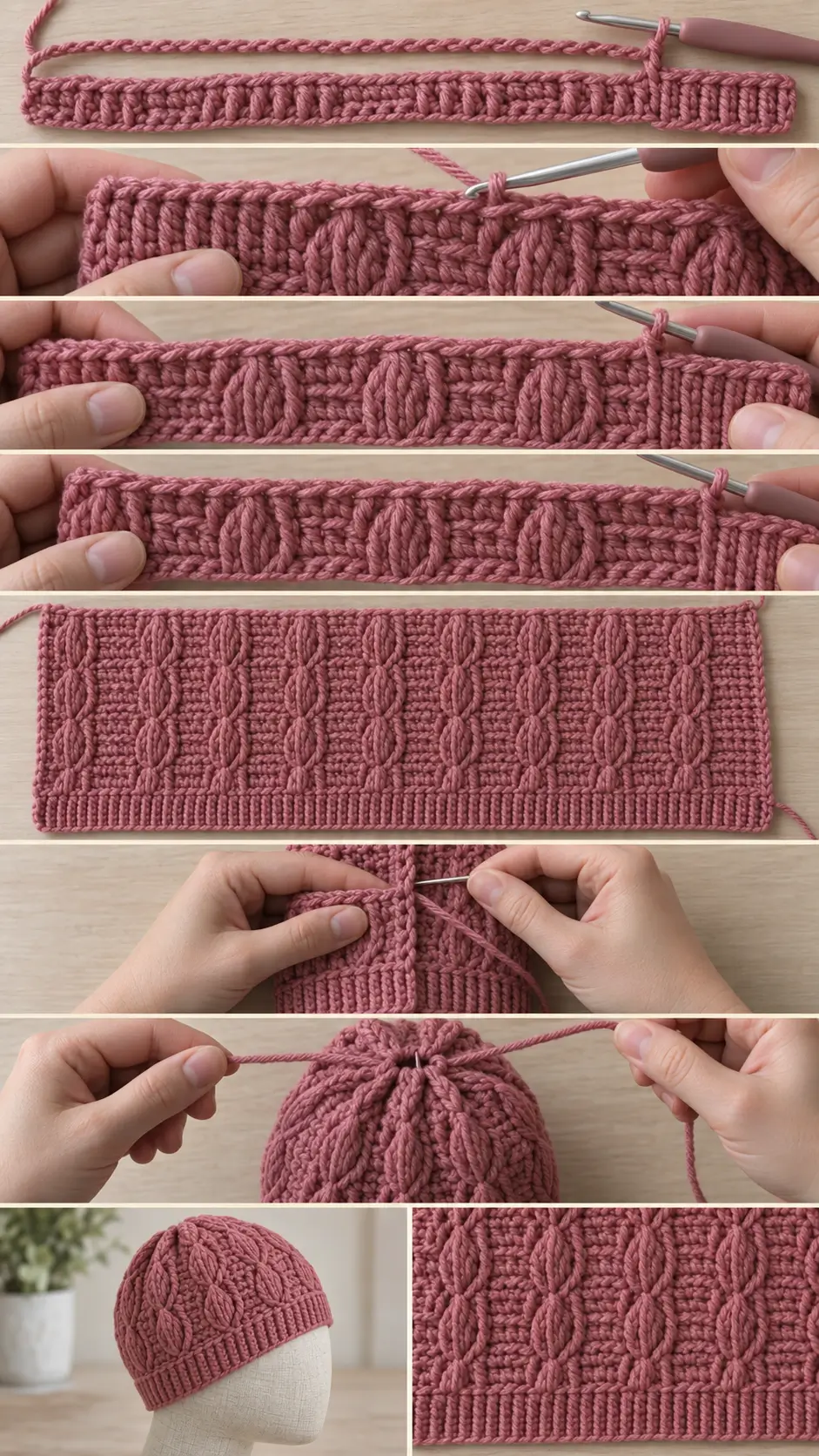 Almond Stitch Crochet Beanie With Ribbed Brim