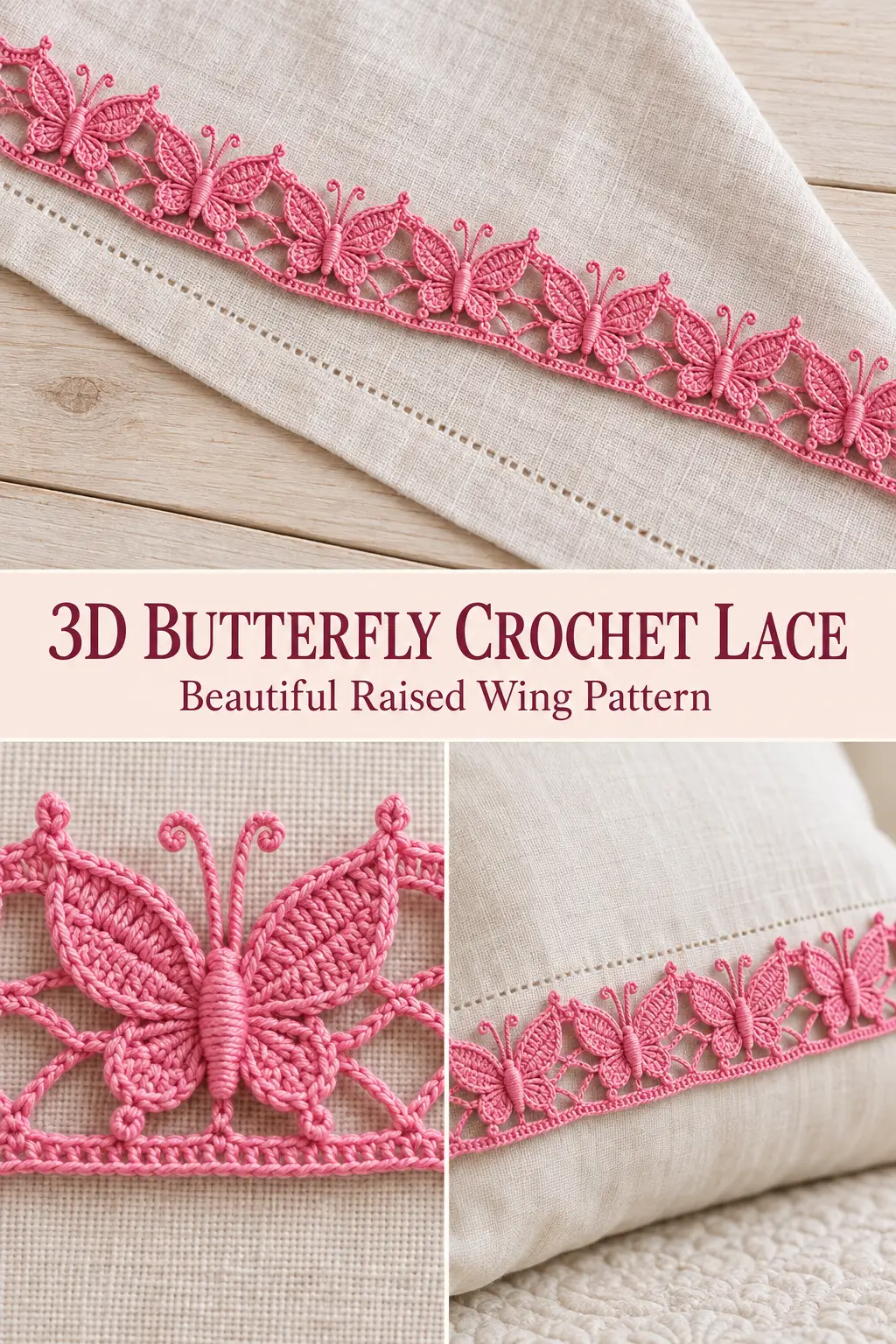 3D Butterfly Crochet Lace With Raised Wings and Picot Antennae