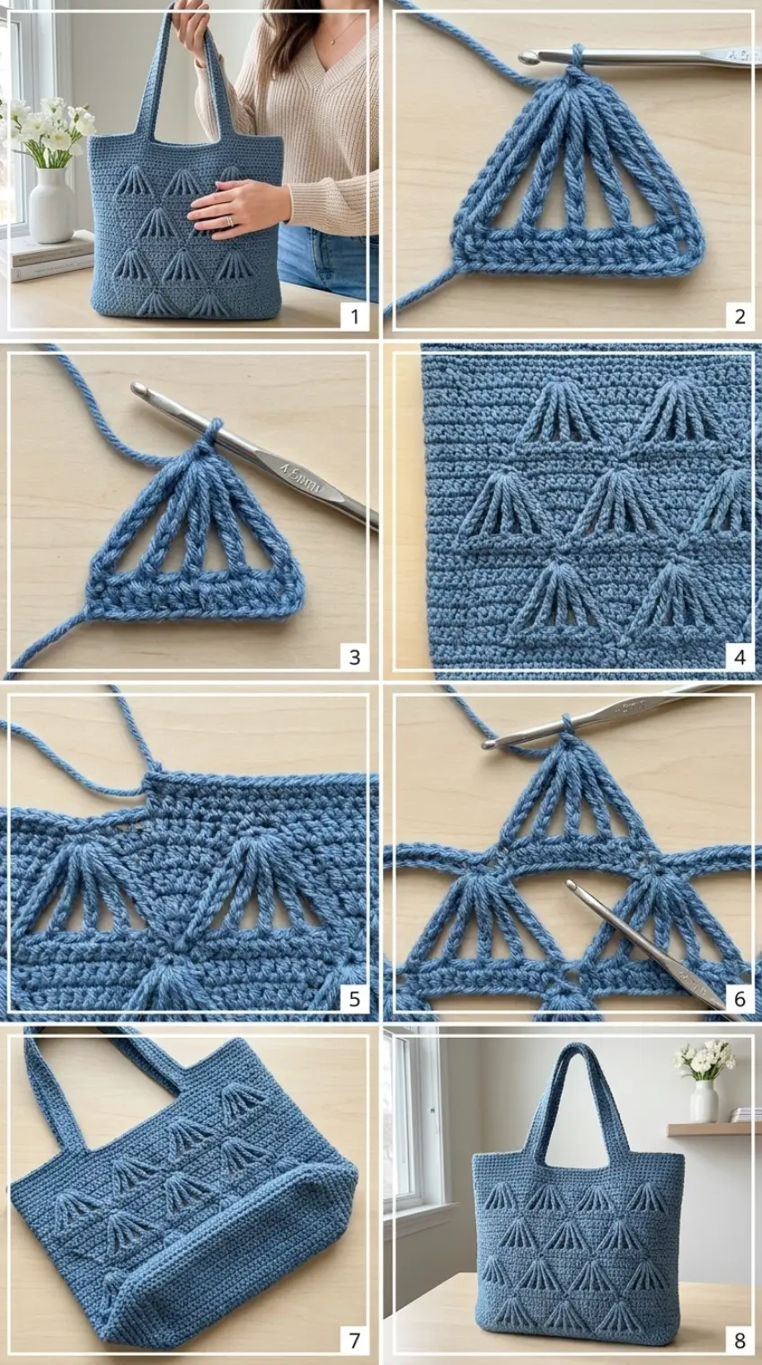 Raised Five-Spoke Fan Crochet Tote Bag