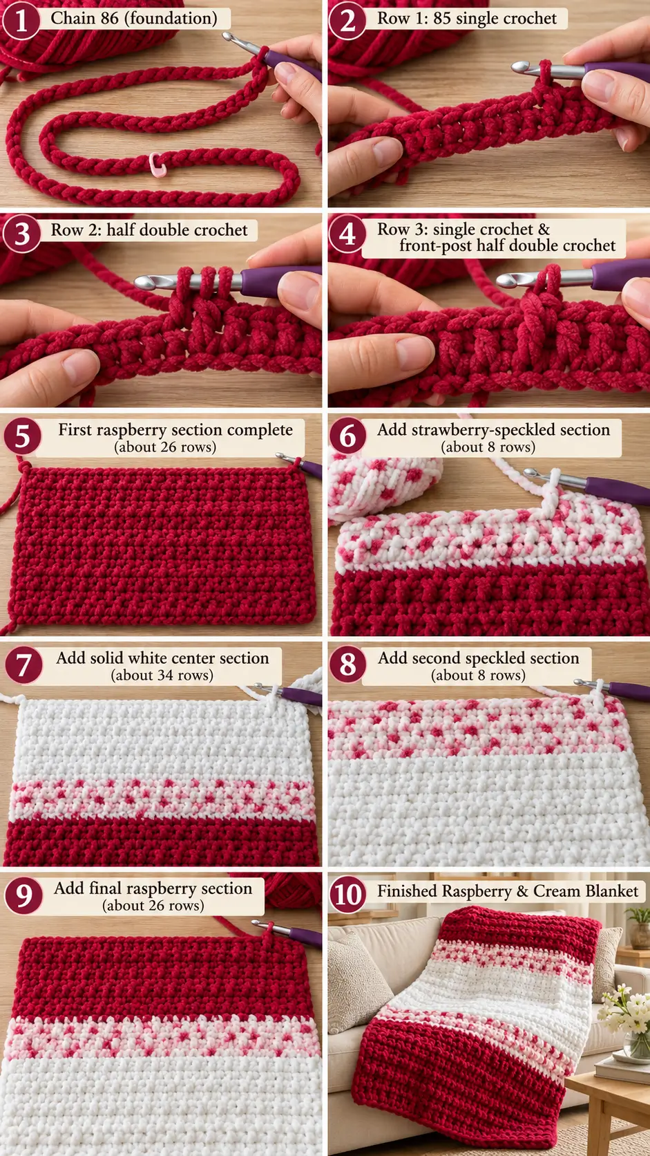 Raspberry & Cream Chunky Crochet Blanket – Easy Textured Throw Pattern