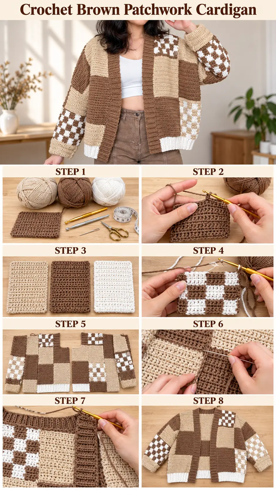 Crochet Brown Patchwork Cardigan – Easy Step-by-Step Tutorial