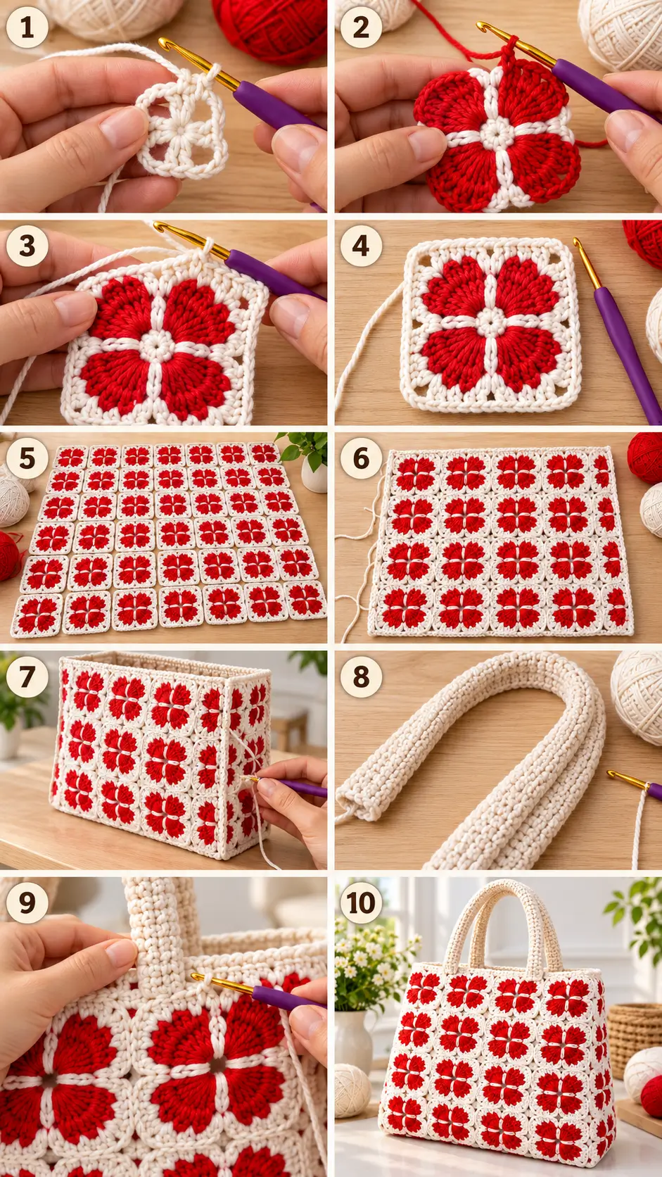 Red and White Floral Granny Square Tote Bag