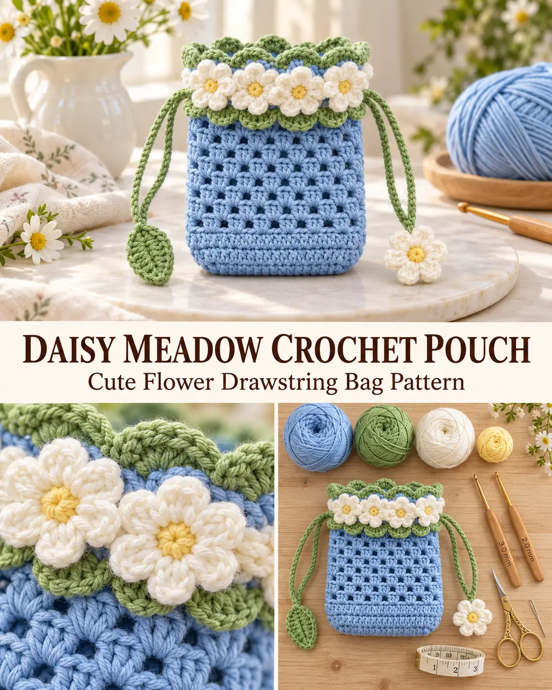 Daisy Meadow Crochet Pouch With Flowers and Drawstrings