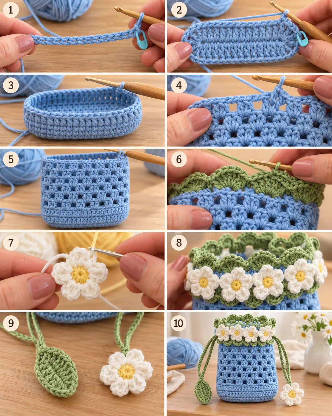 Daisy Meadow Crochet Pouch With Flowers and Drawstrings
