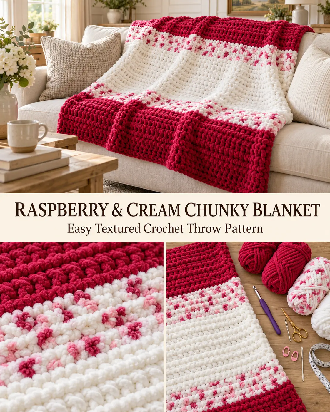 Raspberry & Cream Chunky Crochet Blanket – Easy Textured Throw Pattern