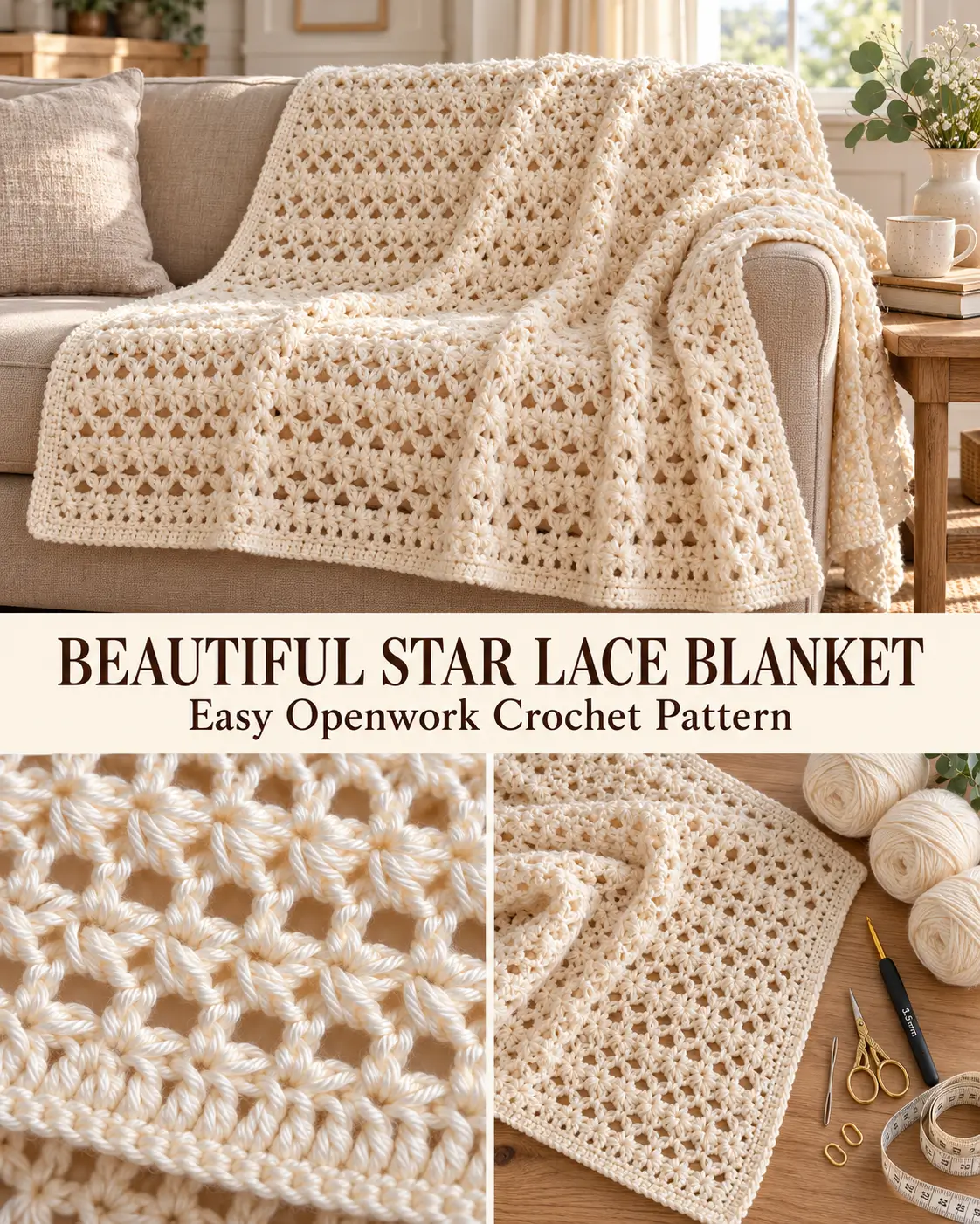 Beautiful Star Lace Crochet Blanket – Easy Openwork Throw in Soft Cream