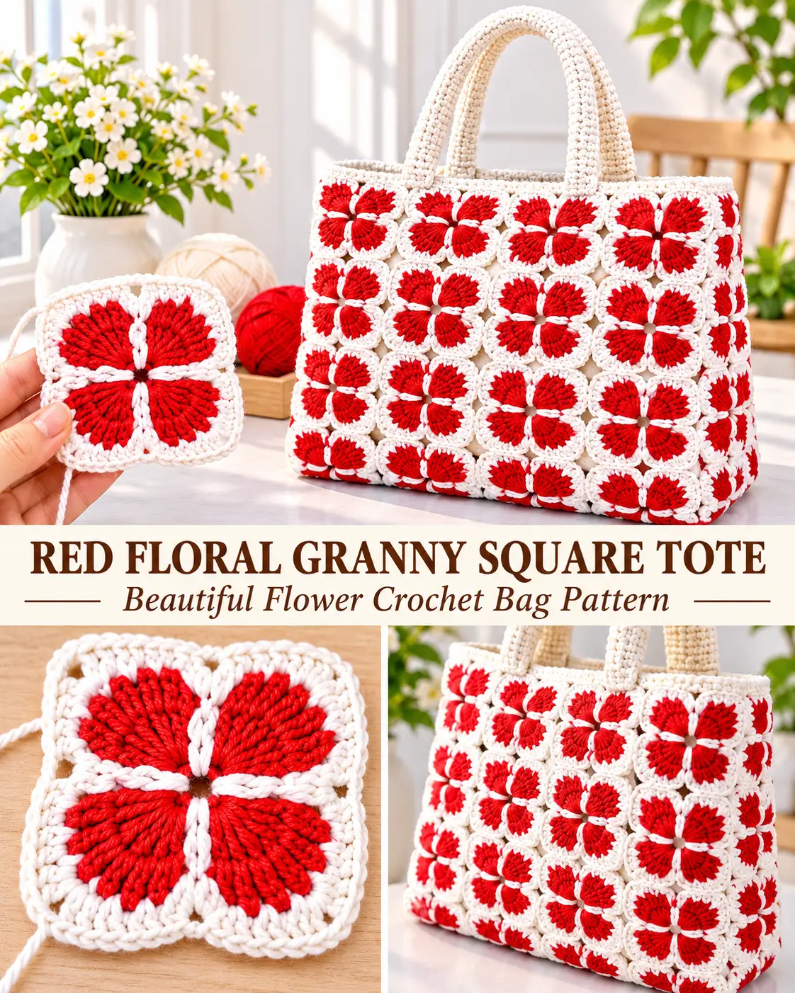 Red and White Floral Granny Square Tote Bag – Free Crochet Pattern