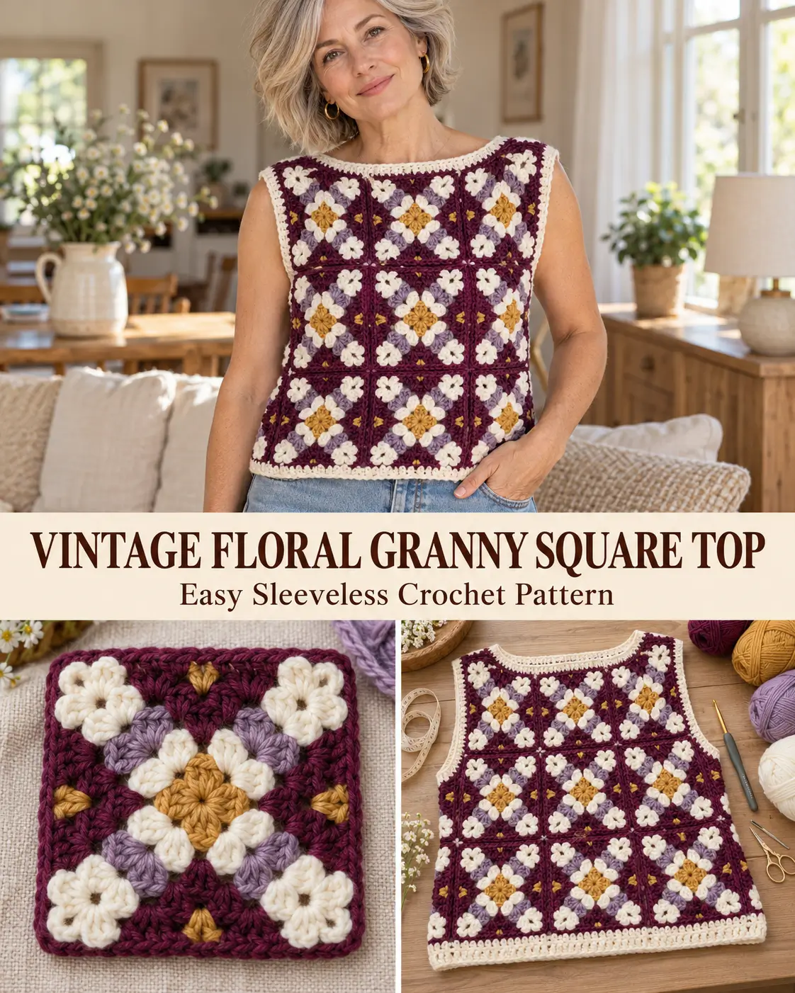 Vintage Floral Granny Square Crochet Top